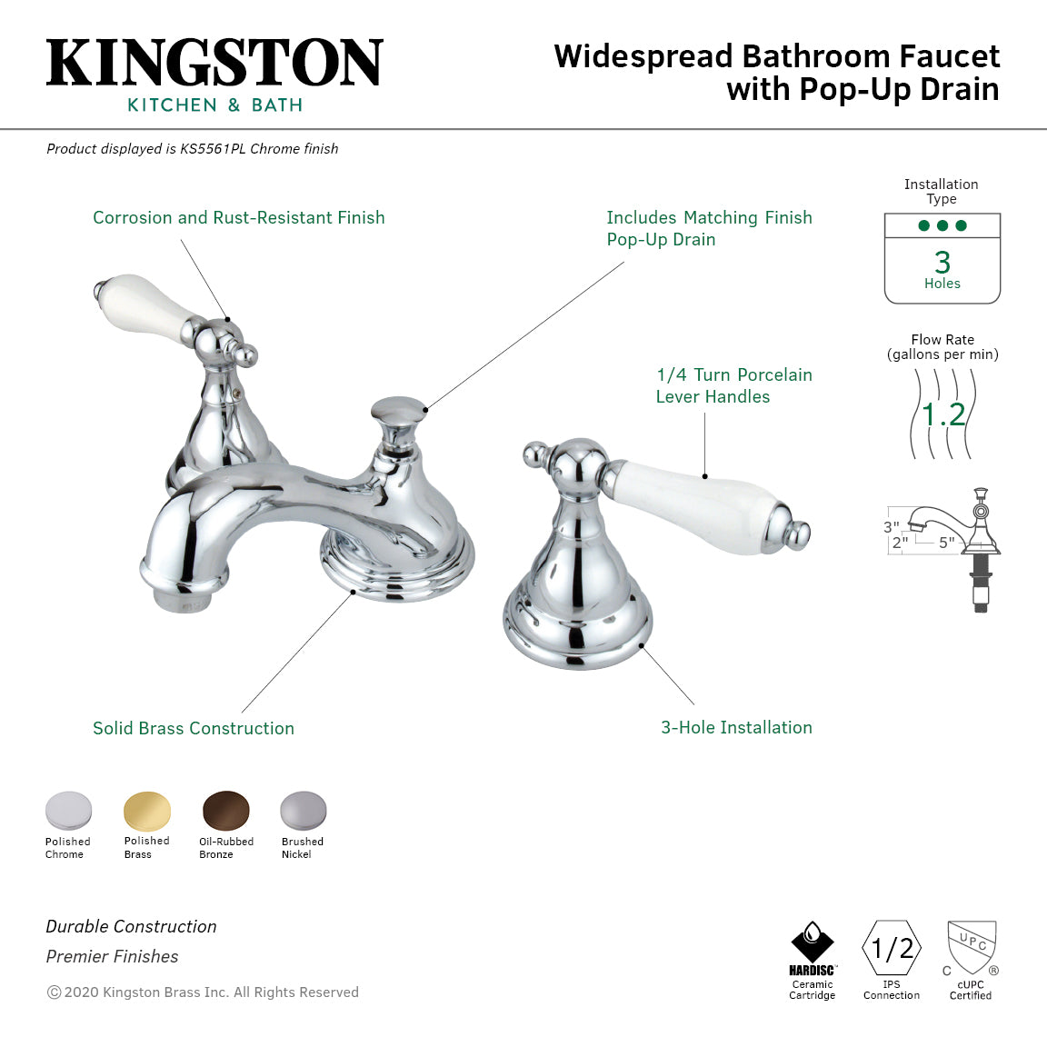 Kingston Heirloom KS5561PL - Royale Two-Handle 3-Hole Deck Mount Widespread Bathroom Faucet with Brass Pop-Up, Polished Chrome — thumbnail 3